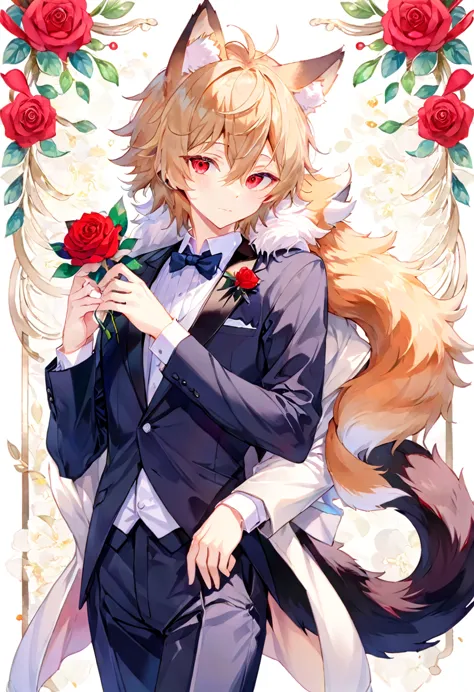 watercolor elements, 1boy, kemono, furry, detailed body fur, animal face, animal hand, handsome boy in tuxedo holding a red rose...