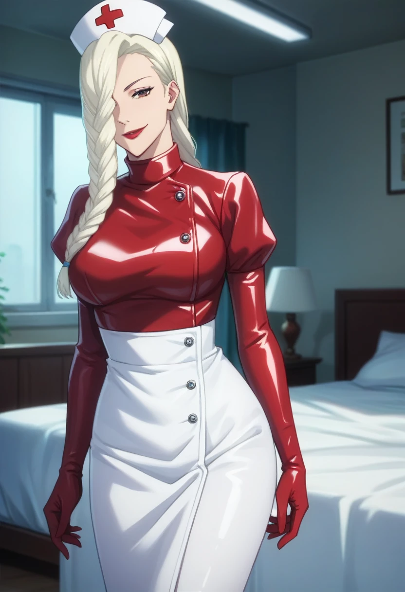 score_9, score_8_up, score_7_up, score_6_up, h1m3n0, 1girl, , mature female,  Mei Mei , white braided hair, hair over one eye, red lips, latex bdsm white nurse uniform, seductive smile, highly detailed bedroom, standing in seductive pose