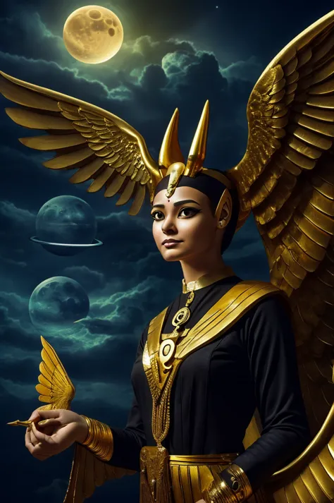 egypt, gold, wings, animals, sphinx, scull, night, planets, moon, sea, nurse, claws, horror, darkness, gods