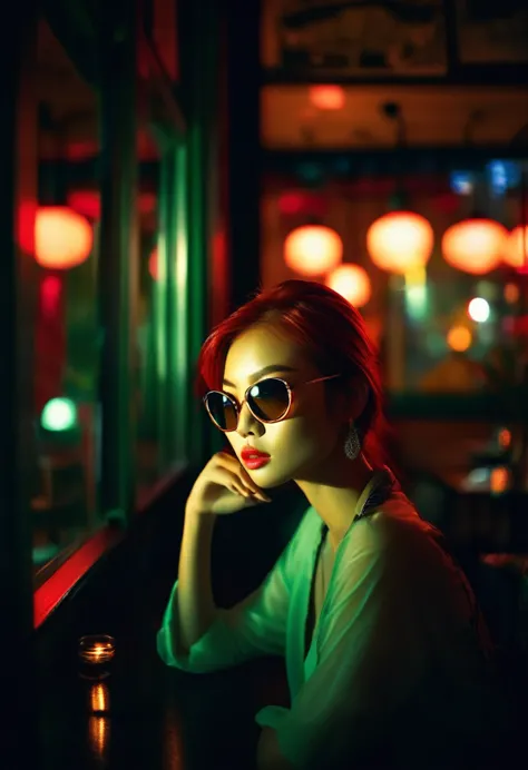 beautiful asian redhead sitting in a restaurant at night, from the window you can see, perfect face, sunglasses, neon black, (ba...