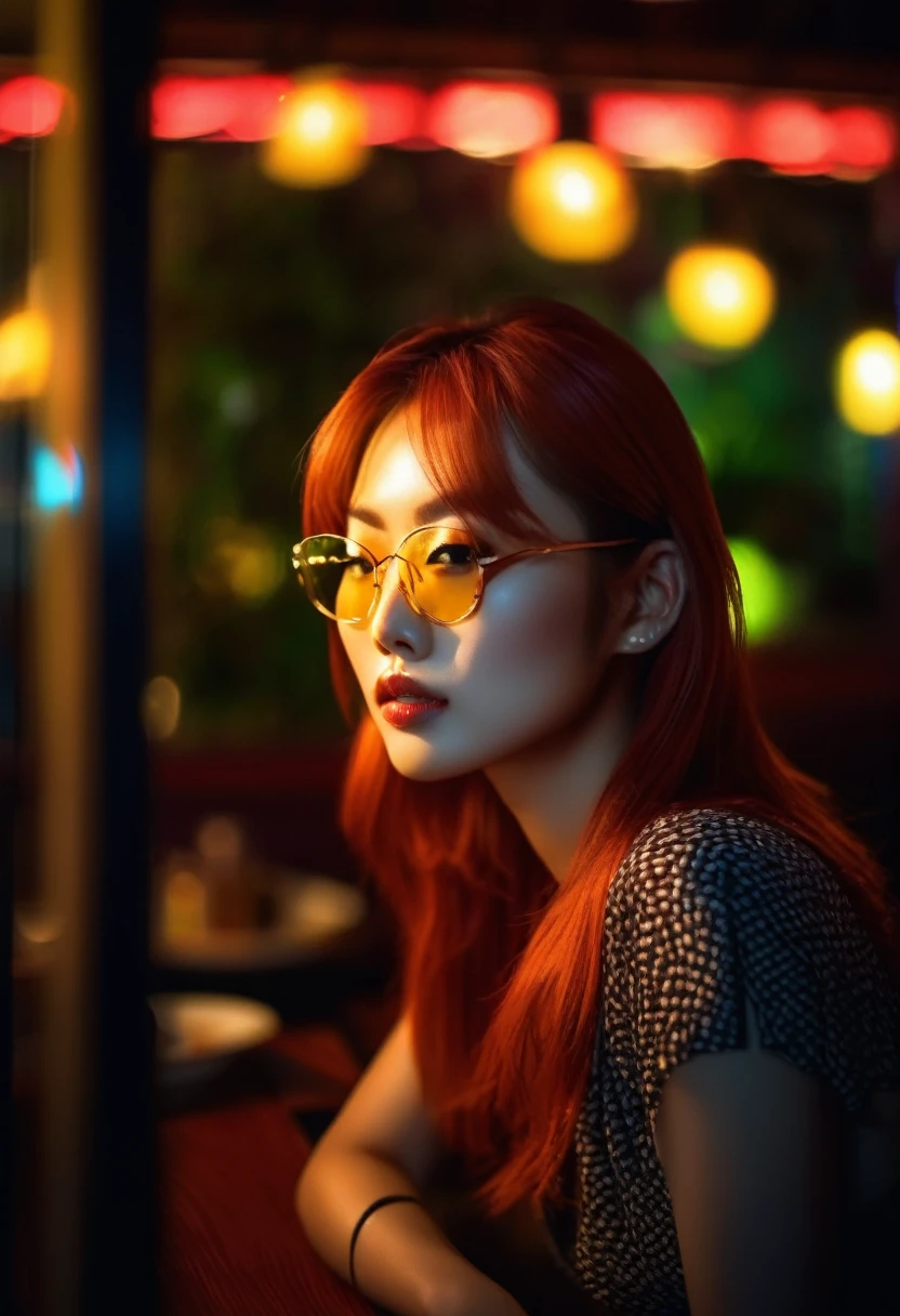 Belle rousse asiatique assise dans un restaurant la nuit, De la fenêtre, vous pouvez voir, visage parfait, des lunettes de soleil, néon noir, (rétroéclairage: 1.1), ombres dures, ouvrages d&#39;art, Meilleure qualité, compliqué, style de prise de vue du modèle, Haute qualité, grain de film, Détails incomplets.

