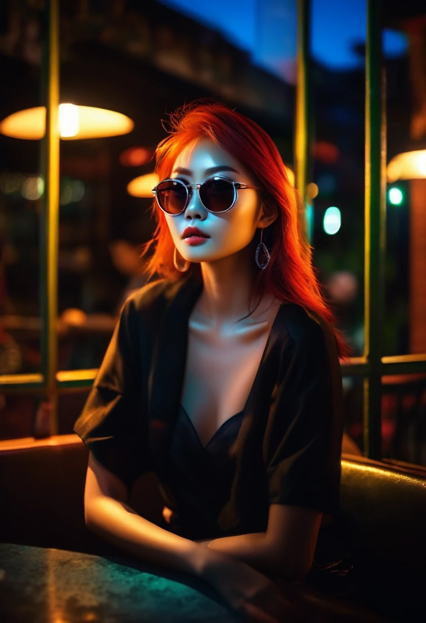 Belle rousse asiatique assise dans un restaurant la nuit, De la fenêtre, vous pouvez voir, visage parfait, des lunettes de soleil, néon noir, (rétroéclairage: 1.1), ombres dures, ouvrages d&#39;art, Meilleure qualité, compliqué, style de prise de vue du modèle, Haute qualité, grain de film, Détails incomplets.

