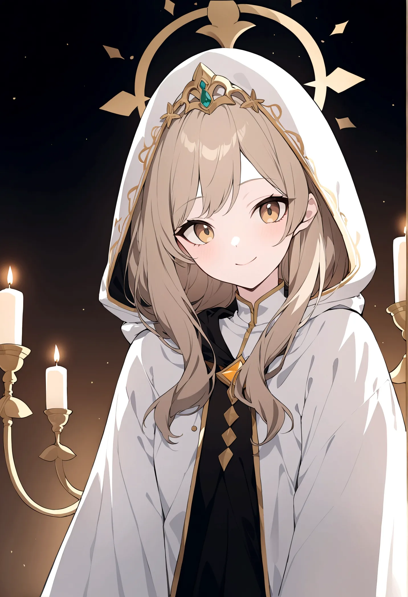 (masterpiece, 32k, 8k) a 17 year old girl, (character looking at the viewer), priestess coat, hood on head, light brown hair, de...