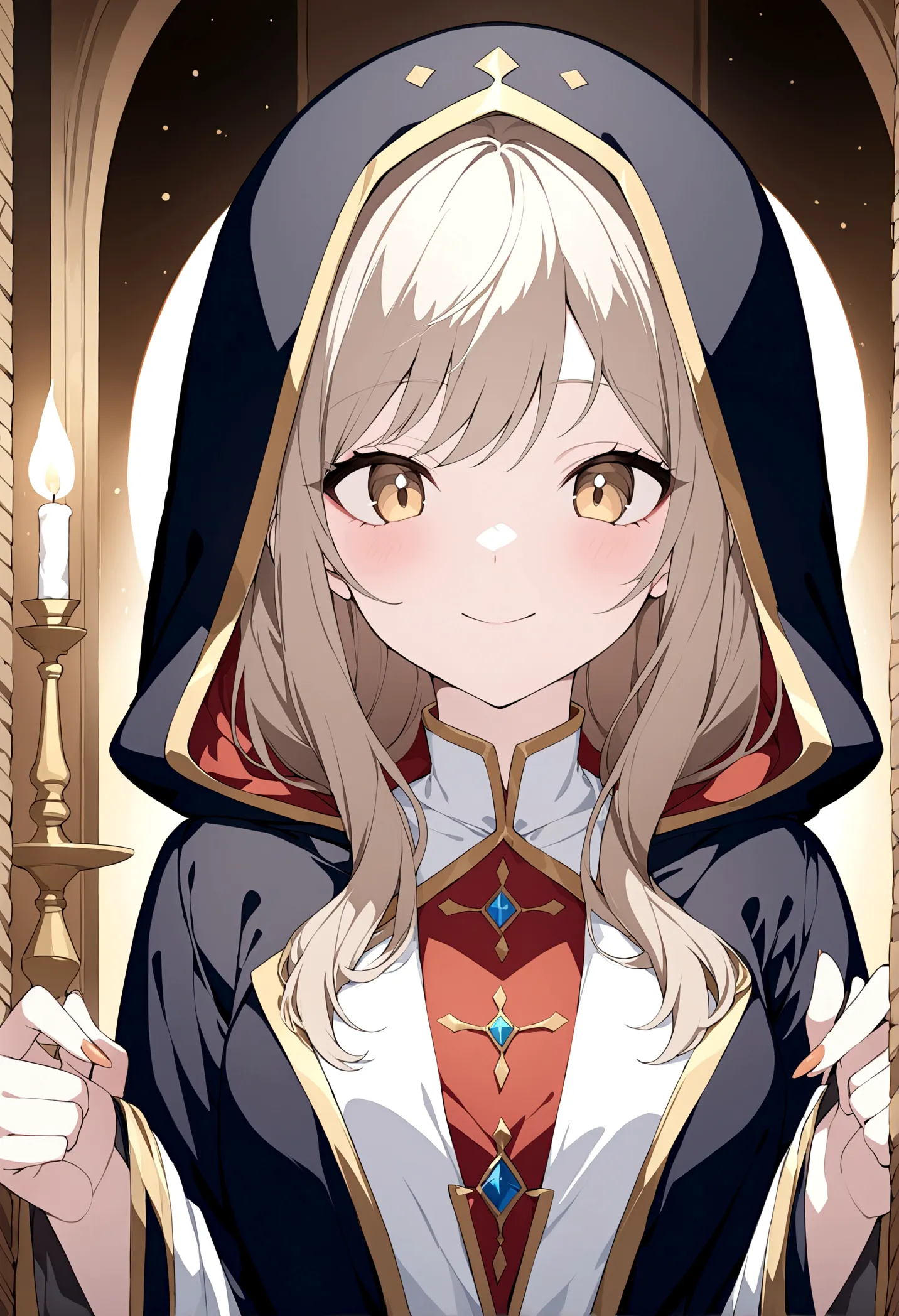 (masterpiece, 32k, 8k) a 17 year old girl, (character looking at the viewer), priestess coat, hood on head, light brown hair, de...