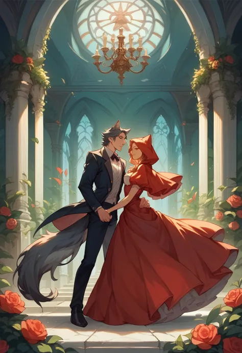 cover_page, fairy tale wedding. red riding hood, wolf man , elegant gown, hunter sharp suit, romantic, lavish decorations, cerem...