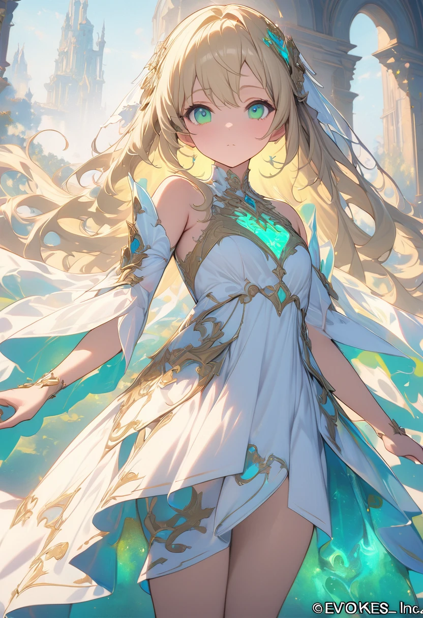 (masterpiece, Highest quality, Highest quality, Official Art, Beauty and aesthetics: 1.2), (One girl: 1.3), (Fractal Art: 1.3), euphilia, One Girl,Anime girl with long blonde hair and dark turquoise eyes in a white dress, Green Eyes,Beautiful Eyes, Elegant face,Very pure and kindhearted，Pretending to be innocent and acting cute，Wearing a white and sky blue princess dress，Very well behaved，Evokes protective feelings，The body is fluorescent，very nice，Beautiful，Very young and pretty face、shape，The face is very soft，Particularly clear、wonderful、Nice person々、A bit silly，He is a very pure and kind-hearted white lotus green tea..，She is a little princess