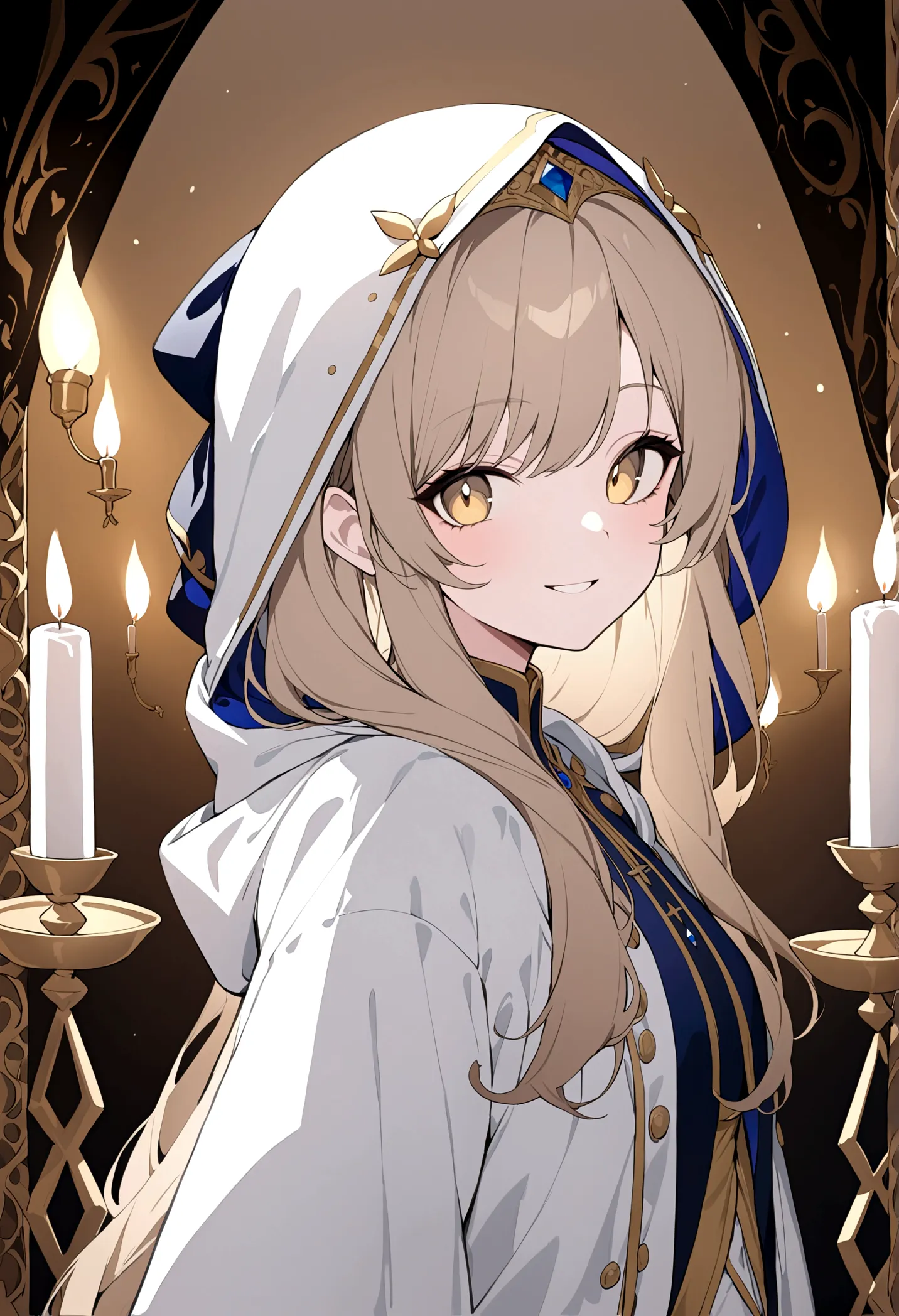 (masterpiece, 32k, 8k) a 17 year old girl, (character looking at the viewer), priestess coat, hood on head, light brown hair, de...