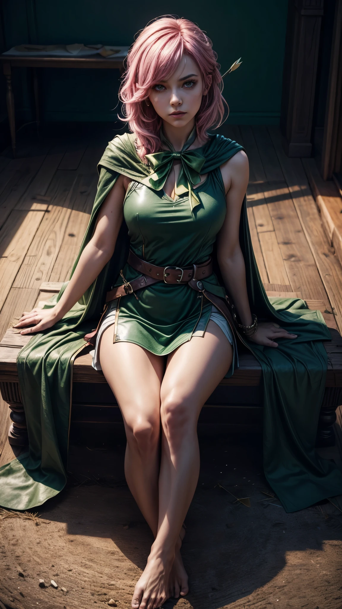a girl with pink hair in bangs, square cut, determined facial expression, big blue eyes, arrow holder on her back, wearing a green short sleeveless dress, green cape, bare feet, big leather belt, arrows on the ground, bow pose on the floor, sitting on the floor, looking at the camera, highly realistic, Clash Royale character, best quality, best lighting, dynamic point of view