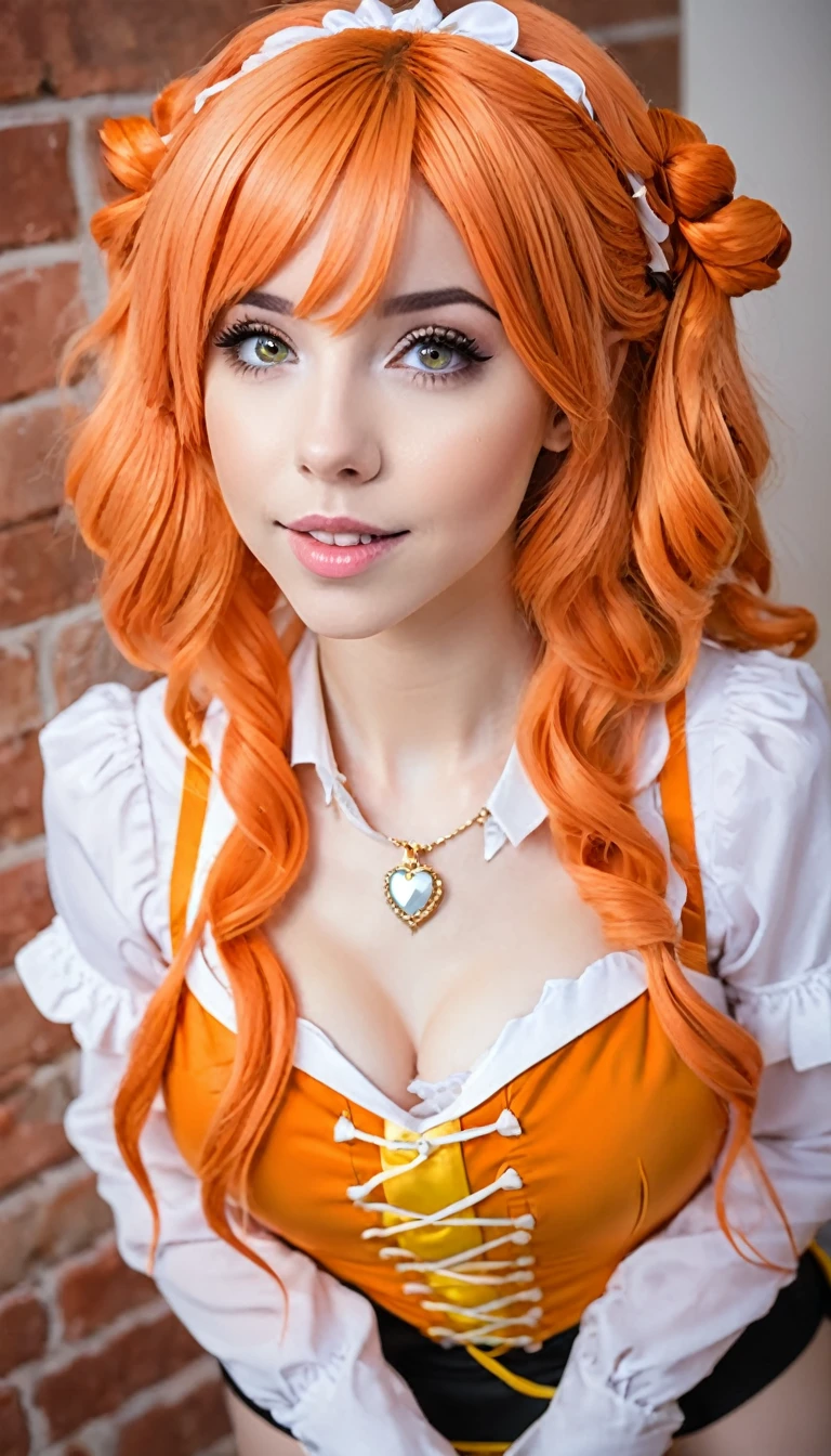 there is a woman with Rote Haare posing for a picture, amouranth, besser bekannt als Amouranth, Abonnieren, Amouranth als Superschurke, madison beer as Abonnieren, Rote Haare, Cosplay costume, orange leuchtendes Haar, Young beautiful Amouranth, belle delphine, karottenfarbenes Haar, Abonnieren outfit, ayaka Cosplay costume