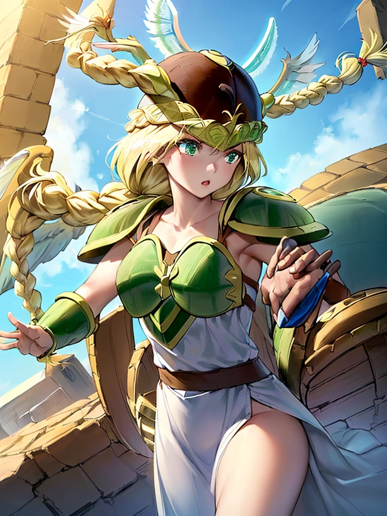 masterpiece,best quality, 1girl, 18yo, beautiful girl,BREAK,(Armor:1.8),(Helmet with wings:1.7),(Beautiful blonde,braid,Green Eyes:1.5),(blue sky:1.4),(She flies in the sky:1.5)