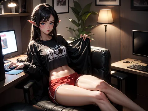 Create a high-quality, detailed image of a beautiful, anime elf gamer girl with tattoos and long hair, beautiful eyes, sitting a...