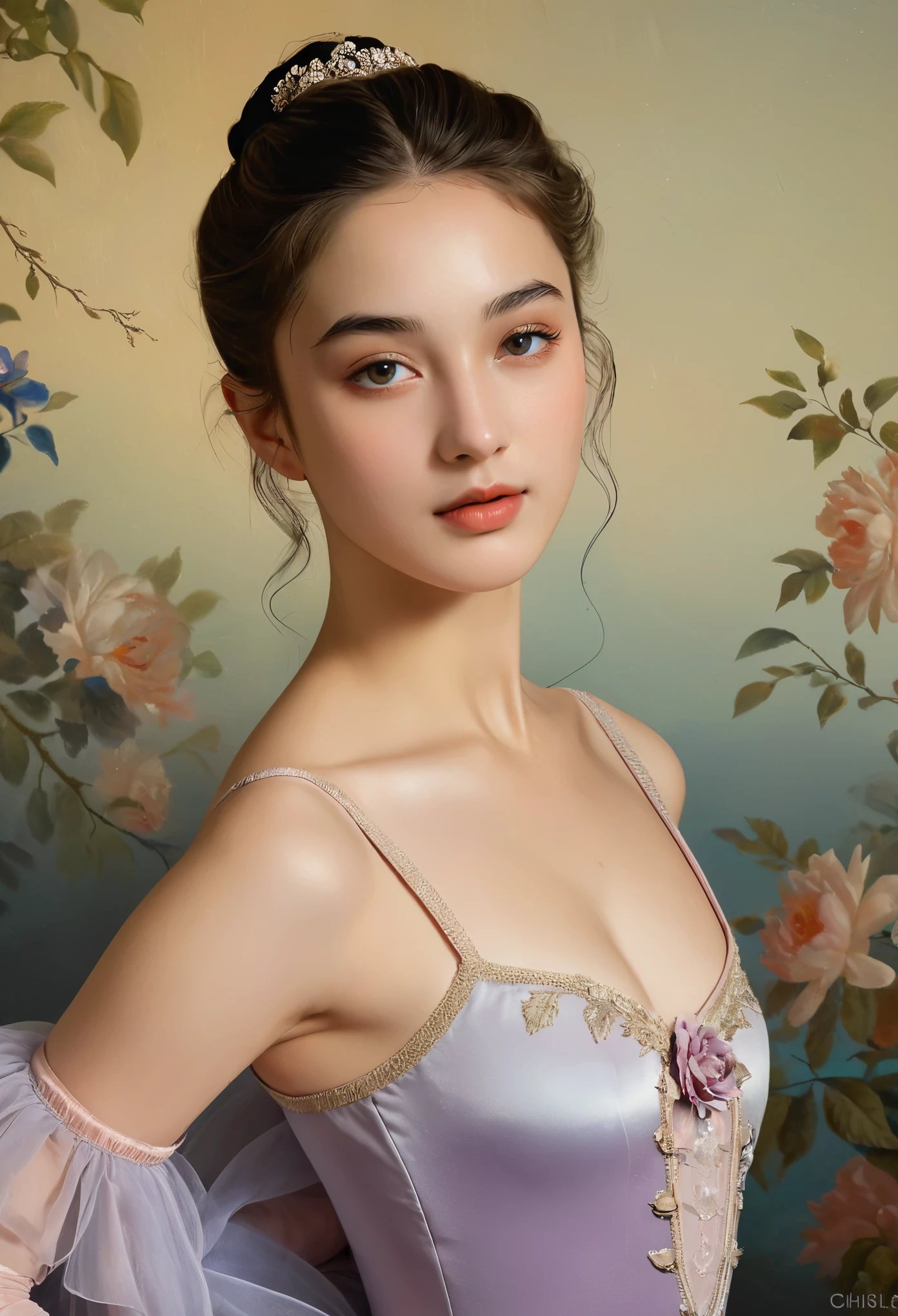 (highres,masterpiece:1.2),(realistic:1.37)"(best quality, highres, ultra-detailed, realistic),beautiful 19th-century portrait of a 16-year-old French ballet dancer, (She is half French and half Japanese, and is a stunning beauty with detailed eyes and a high nose:1.1), thick eyebrows, (elaborate ballet costume:1.4), detailed facial features, long graceful neck, flowing locks of hair, poised and elegant posture, soft and delicate lighting, classic oil painting medium, vibrant colors, subtle background with floral motifs", dreamy atmosphere, Surrealism,mystical aura, Charlie Bowater, 19th-century France, seductive, (best quality,4k,8k,highres,masterpiece:1.2), ultra-detailed, (realistic,photorealistic,photo-realistic:1.37),(Numerous award-winning masterpieces, incredibly detailed and textured, maximal resolution and clarity), (Hyper-realistic:1.4), winking