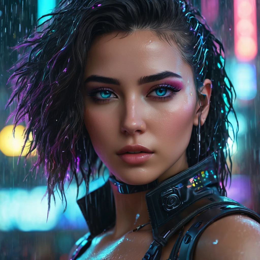 (masterpiece, best quality:1.2), cyberpunk, 1 girl, solo, ultra-detailed, UHD, 8k wallpaper, octane render, beautiful detailed eyes, beautiful detailed lips, extremely detailed face and hair, intricate futuristic cyberpunk city, holographic displays, neon lighting, rain, moody atmosphere, dramatic lighting, cinematic, photorealistic