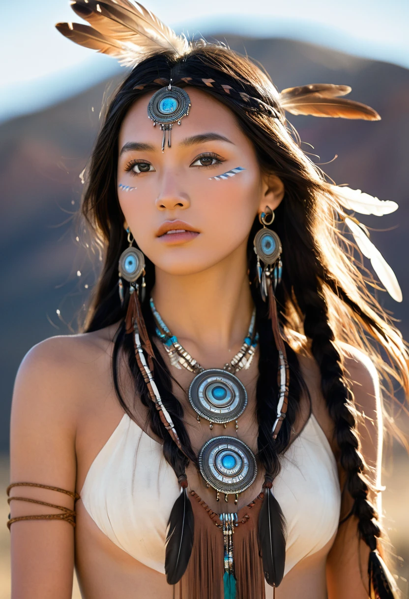 ((Full body image)) Marie Avgeroupolus plays 14-year-old Pocahontas, Young beautiful Native American woman, Perfectly symmetrical face shape, Aboriginal feather jewelry, (((((nude))))), Armed female hunter warrior, (((The Wild West))) environment, Utah landscape, Surreal, concept art, elegant, ((Wheels within wheels)), ((Very detailed)), Depth of Field, ((Professional color grading)), Soft ambient lighting, dusk, 8K, Art work：artgerm、greg rutkowski 和 alphonse mucha, vaginal exposure