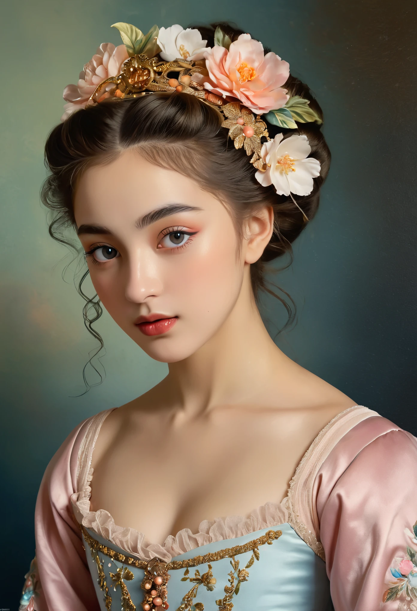 (highres,masterpiece:1.2),(realistic:1.37)"(best quality, highres, ultra-detailed, realistic),beautiful 19th-century portrait of a 16-year-old French ballet dancer, (She is half French and half Japanese, and is a stunning beauty with detailed eyes and a high nose:1.1), thick eyebrows, (elaborate ballet costume:1.4), detailed facial features, long graceful neck, flowing locks of hair, poised and elegant posture, soft and delicate lighting, classic oil painting medium, vibrant colors, subtle background with floral motifs", dreamy atmosphere, Surrealism,mystical aura, Charlie Bowater, 19th-century France, seductive, (best quality,4k,8k,highres,masterpiece:1.2), ultra-detailed, (realistic,photorealistic,photo-realistic:1.37),(Numerous award-winning masterpieces, incredibly detailed and textured, maximal resolution and clarity), (Hyper-realistic:1.4), winking