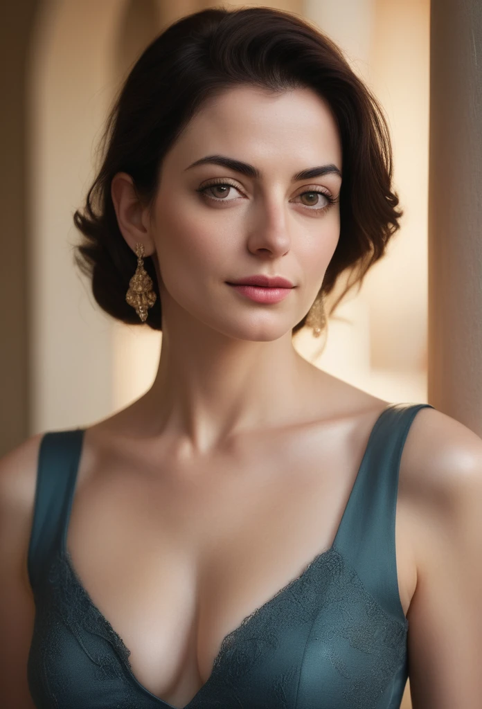 A stunning portrait of an Indian milf woman, reminiscent of Anne Hathaway's elegance. The subject's undercut hair adds a touch of modernity to her classic beauty. Her navel is subtly showcased, drawing attention to her toned physique. Perfectly symmetrical eyes sparkle with joy, framed by hyper-realistic skin texture that seems almost tactile. Soft, rim ambient lighting illuminates her features, as if bathed in the warm glow of a setting sun. Shot on high-end DSLR equipment, this 8K image boasts film-like grain and exceptional quality, capturing every detail with Fujifilm XT3 precision.