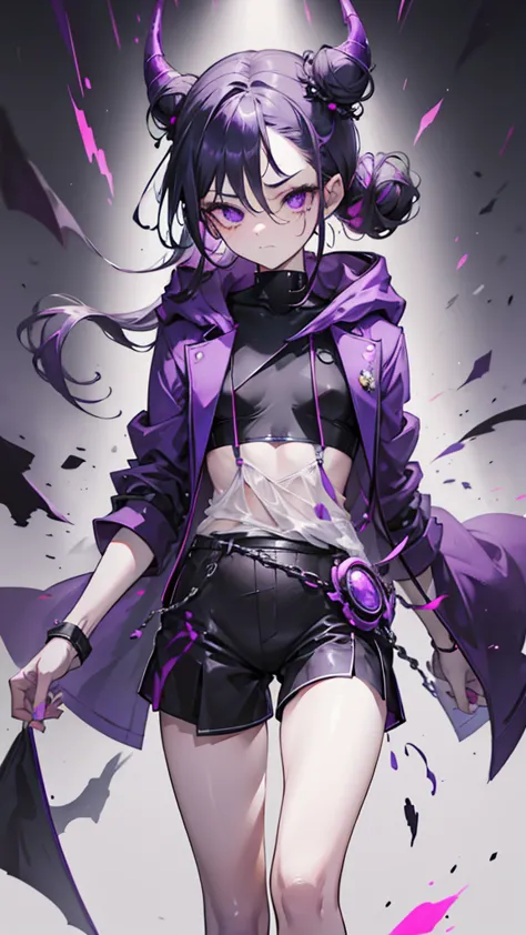 boy. thoughtful look. open forehead. black and purple hair tied in a bun on the left side to one side. sinuous black horns wrapp...