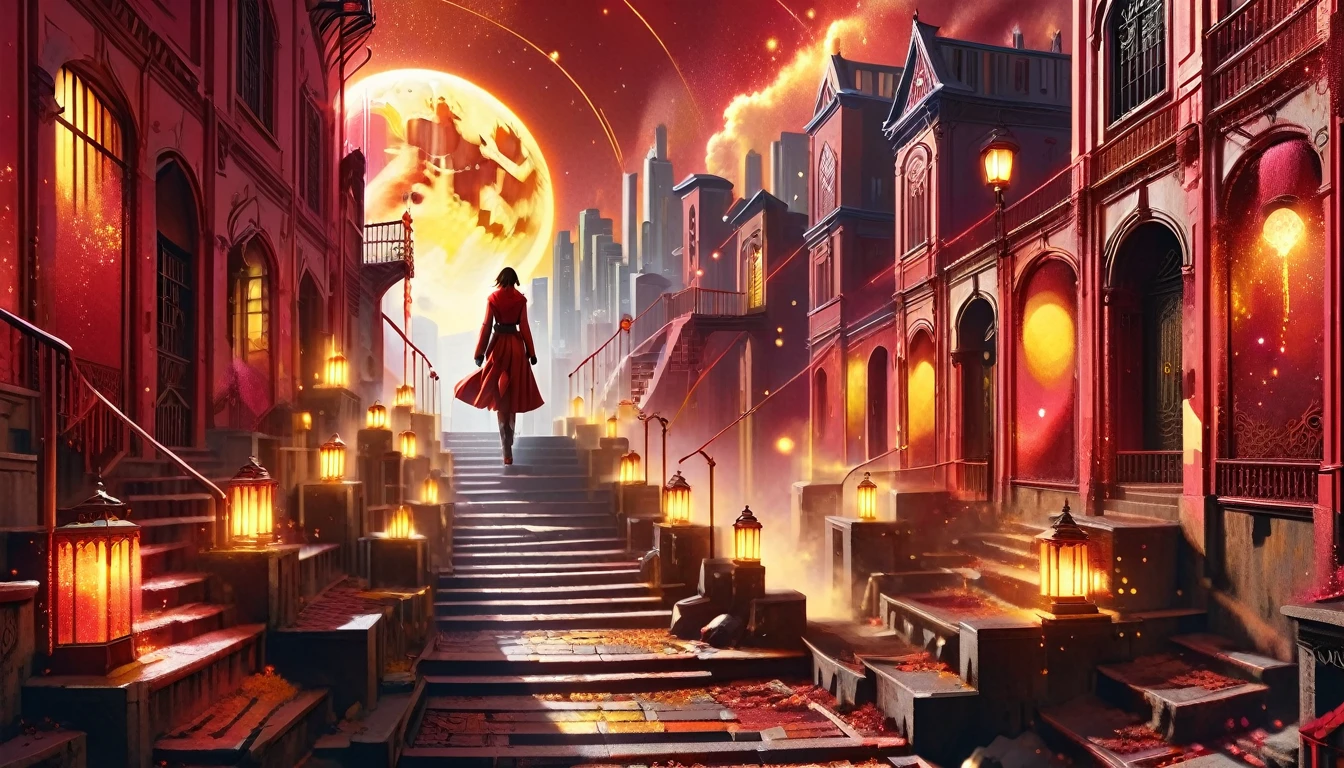 score_9, score_8_up, score_7_up, score_6_up, best aesthetic, Arcane, a person walking down a stairway, long shot, concept art, city in background, great use of color theory, red and yellow colors, particles flying, sunny
