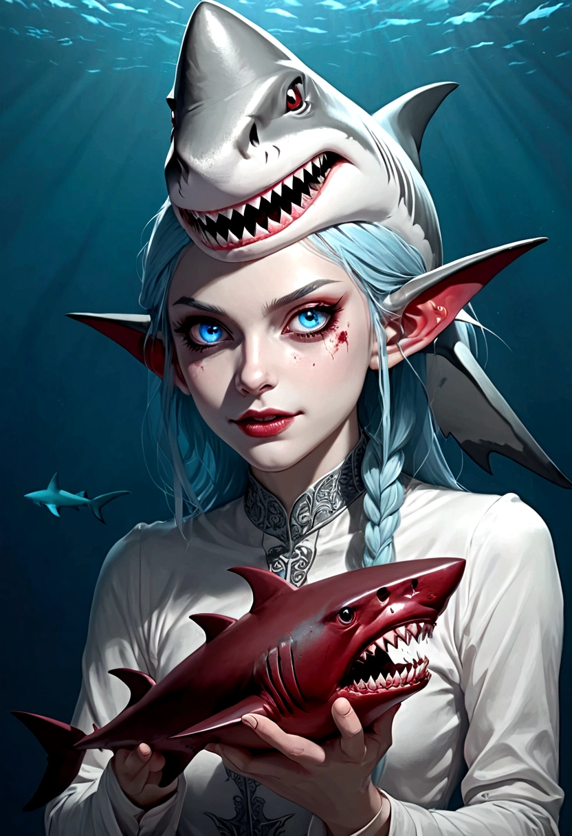 奇幻海底，(((鯊魚精灵女孩)))，蓝眼睛，光头，尖牙，背部有鲨鱼鳍特征，回望,嘴角有血迹，凶猛的，特写，哥特式艺术，暗风，沉船的破旧船舱，僵尸风格，选择，手拿着人类的头骨
