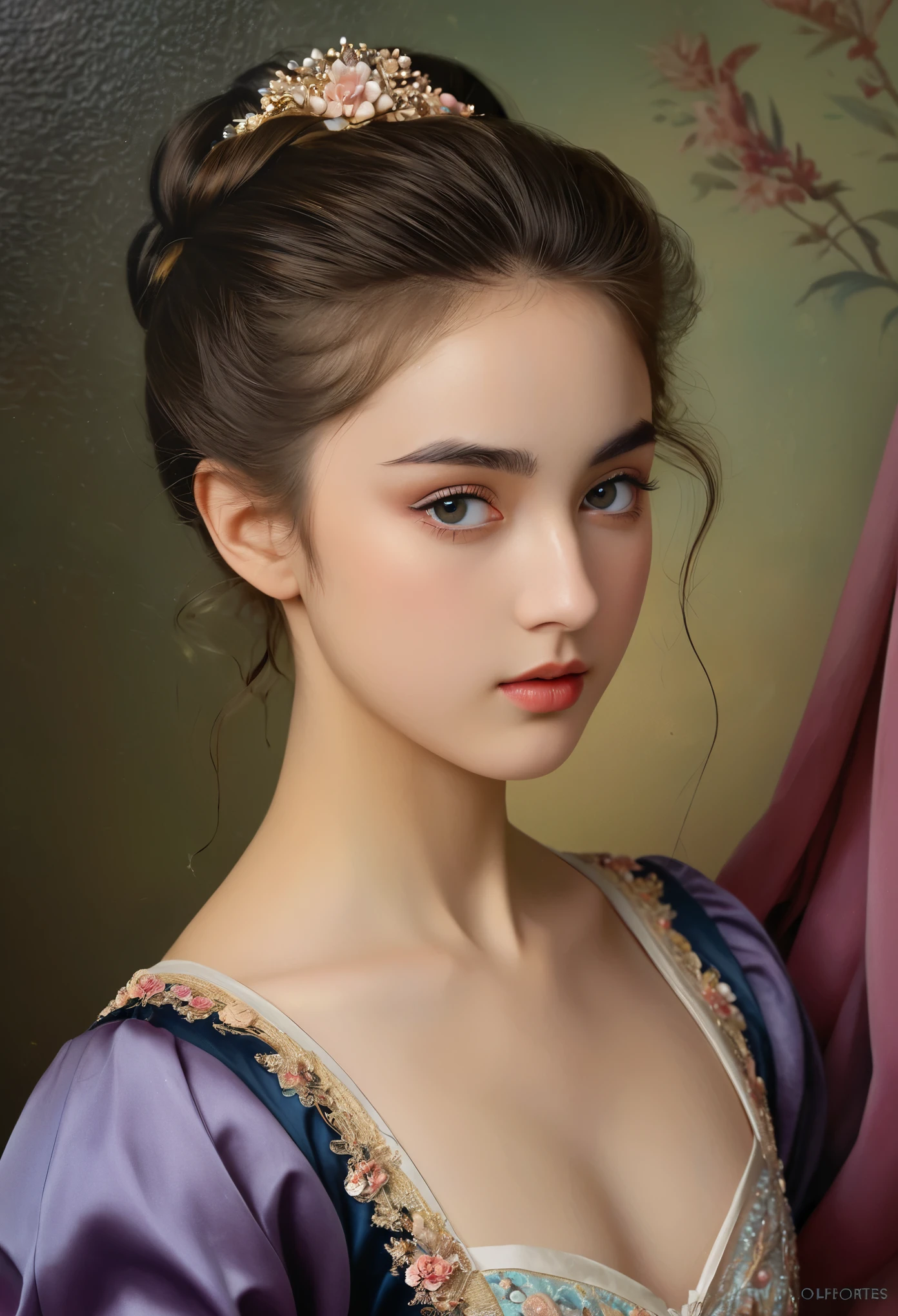 (highres,masterpiece:1.2),(realistic:1.37)"(best quality, highres, ultra-detailed, realistic),beautiful 19th-century portrait of a 16-year-old French ballet dancer, (She is half French and half Japanese, and is a stunning beauty with detailed eyes and a high nose:1.1), thick eyebrows, (elaborate ballet costume:1.4), detailed facial features, long graceful neck, flowing locks of hair, poised and elegant posture, soft and delicate lighting, classic oil painting medium, vibrant colors, subtle background with floral motifs", dreamy atmosphere, Surrealism,mystical aura, Charlie Bowater, 19th-century France, seductive, (best quality,4k,8k,highres,masterpiece:1.2), ultra-detailed, (realistic,photorealistic,photo-realistic:1.37),(Numerous award-winning masterpieces, incredibly detailed and textured, maximal resolution and clarity), (Hyper-realistic:1.4)