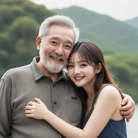 Couple、Embrace each other、Fat Uncle、Bearded old man、Sexy beauty 20 years old、smile