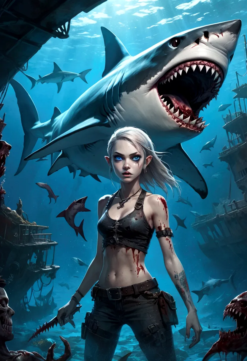 A fantasy underwater scene with a shark elf girl, beautiful detailed blue eyes, Sharp Fangs, a shark fin feature on her back, lo...