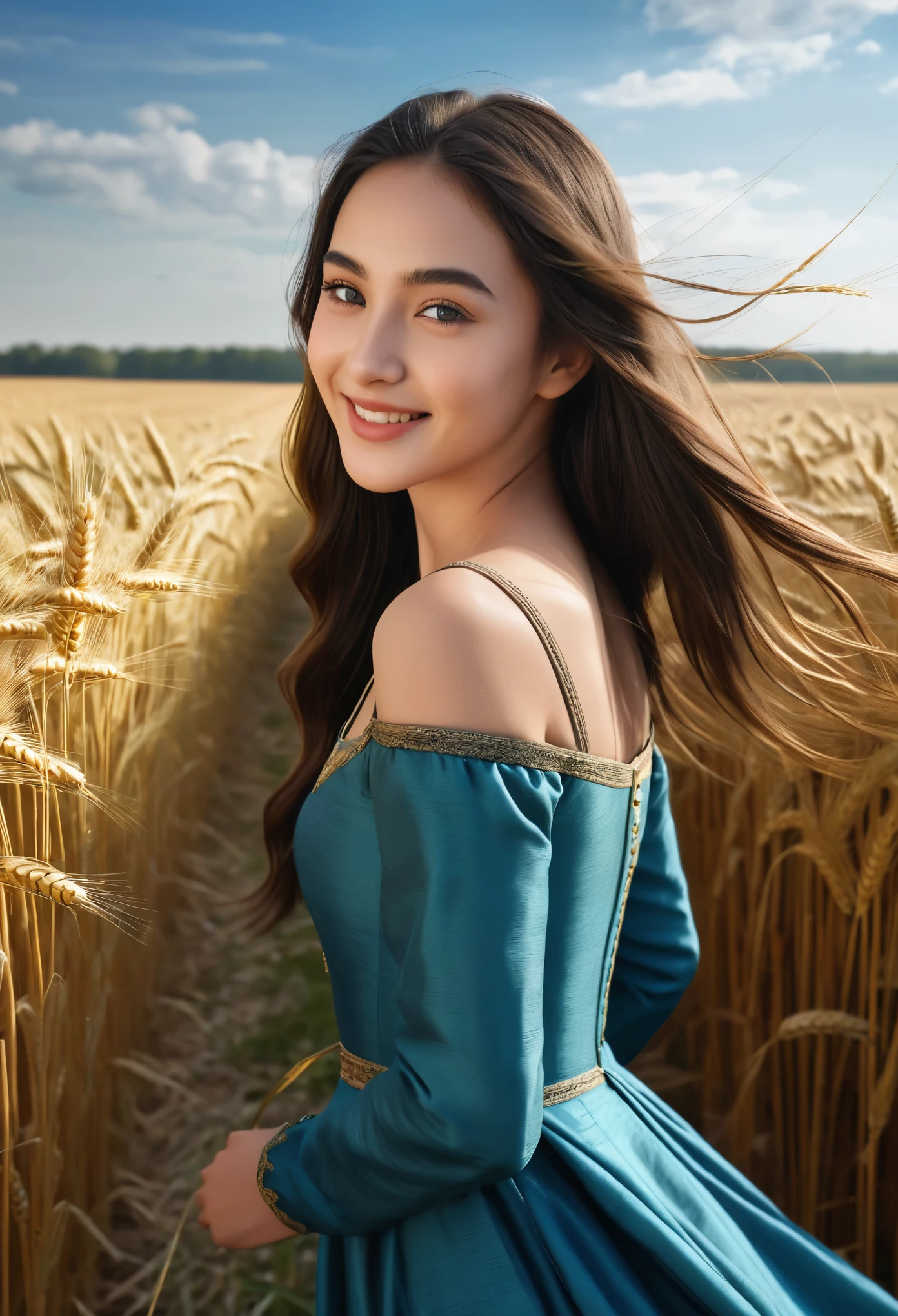 1 Girl, alone, running, (Tall wheat field), Turn around, Emerald Eyes, long blue dress, middle ages, Middle ages costume, long sleeves, Light from behind, Shadow of a person, smile, Laughter, (blue sky), Wheat background, Standing at a distance, Looking at the audience, full length, (realistic,photorealistic,photo-realistic:1.37), a 16-year-old French girl, (She is half French and half Asian, and is a stunning beauty with detailed eyes and a high nose:1.1), thick eyebrows, detailed facial features, long graceful neck, flowing locks of hair, poised and elegant posture, (best quality,4k,8k,highres,masterpiece:1.2), ultra-detailed, (realistic,photorealistic,photo-realistic:1.37),(Numerous award-winning masterpieces, incredibly detailed and textured, maximal resolution and clarity), (Hyper-realistic:1.4)