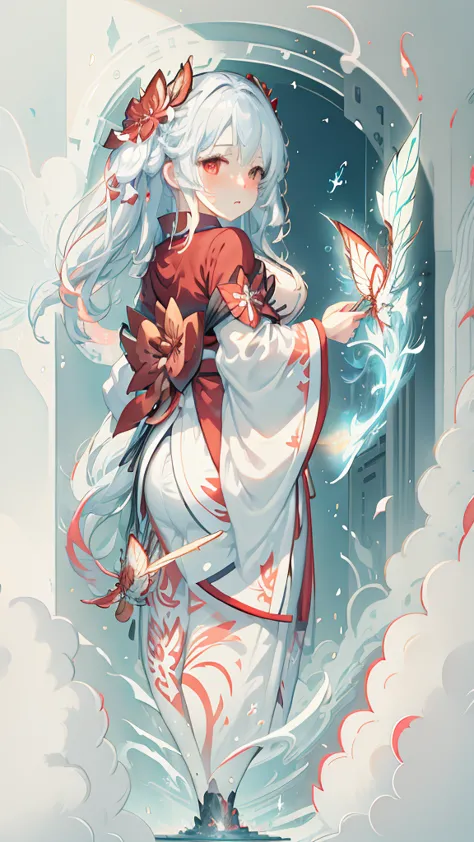 oth girl, in white kimono with red bow, oale skin, big moth wings, huge tars, wide sht flying