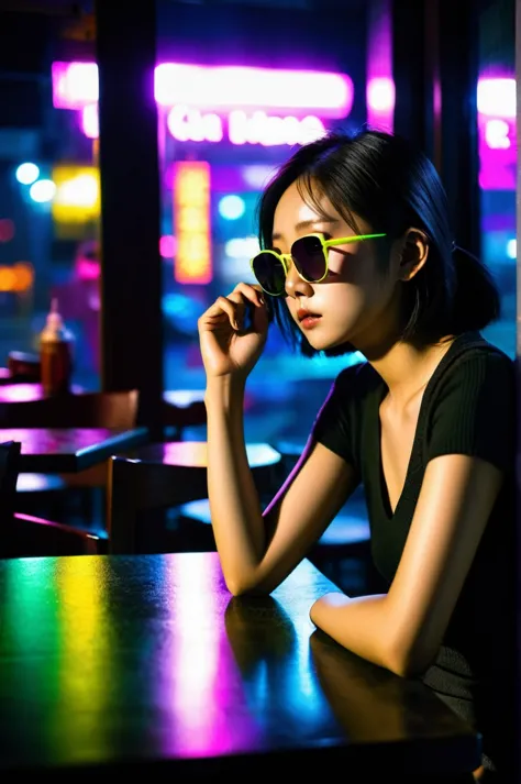 Depressed Asian woman sitting in a dim cafe at night, From the window you can see, Perfect profile, sunglasses, neon black, (Bac...