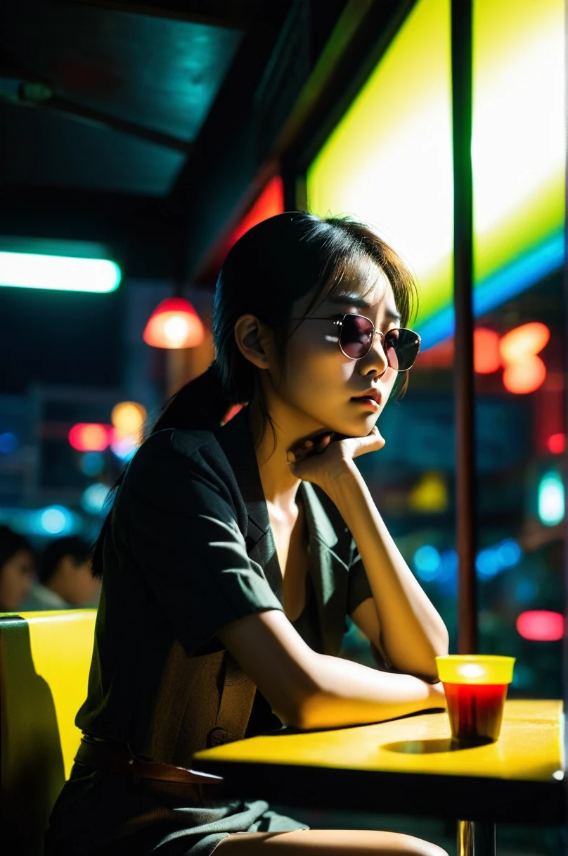 Depressive asiatische Frau sitzt nachts in einem dunklen Café, Vom Fenster aus sieht man, Perfektes Profil, Sonnenbrille, Neonschwarz, (Hintergrundbeleuchtung: 1.1), harte Schatten, Kunstwerk, beste Qualität, kompliziert, Modell-Aufnahmestil, gute Qualität, Filmkorn, Unvollständige Angaben.