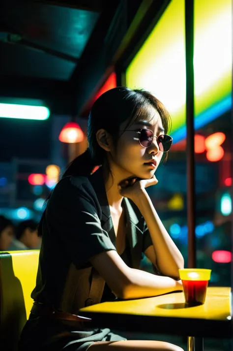 Depressed Asian woman sitting in a dim cafe at night, From the window you can see, Perfect profile, sunglasses, neon black, (Bac...
