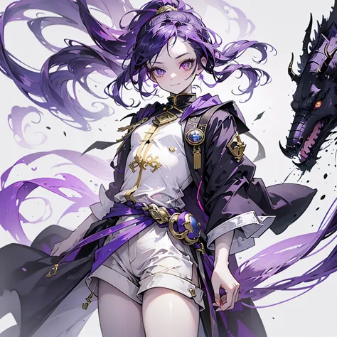 cheerful boy with open forehead. dark purple hair braided in a ponytail on the left side to one side. sinuous black horns wrappe...