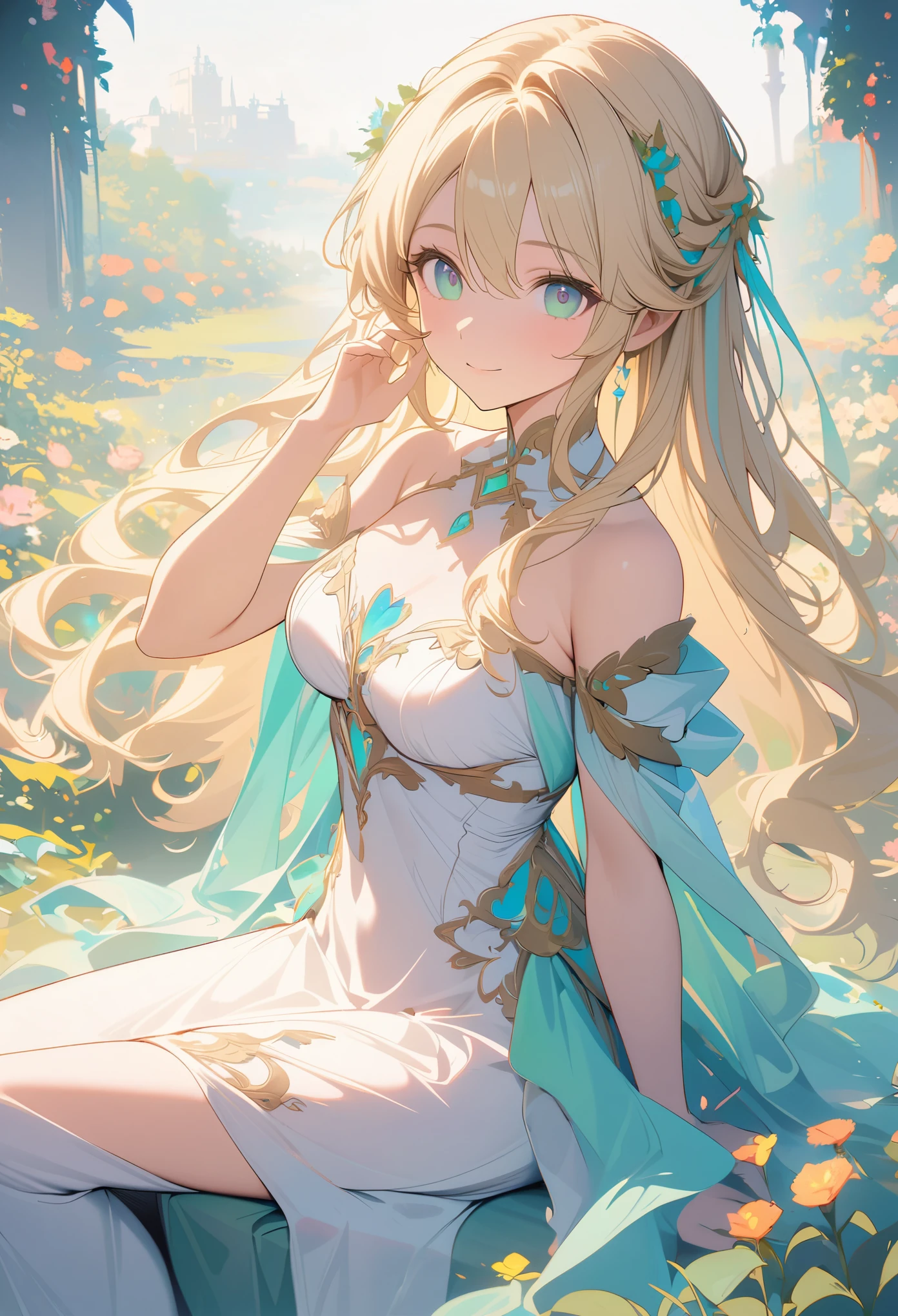 8K, Super detailed, high quality, A woman with a goddess-like smile,euphilia, One Girl,Anime girl with long blonde hair and dark turquoise eyes in a white dress,  Glowing green eyes,  sitting in a garden full of flowers, Wearing an elegant dress, Decorate your hair with flowers, Magic