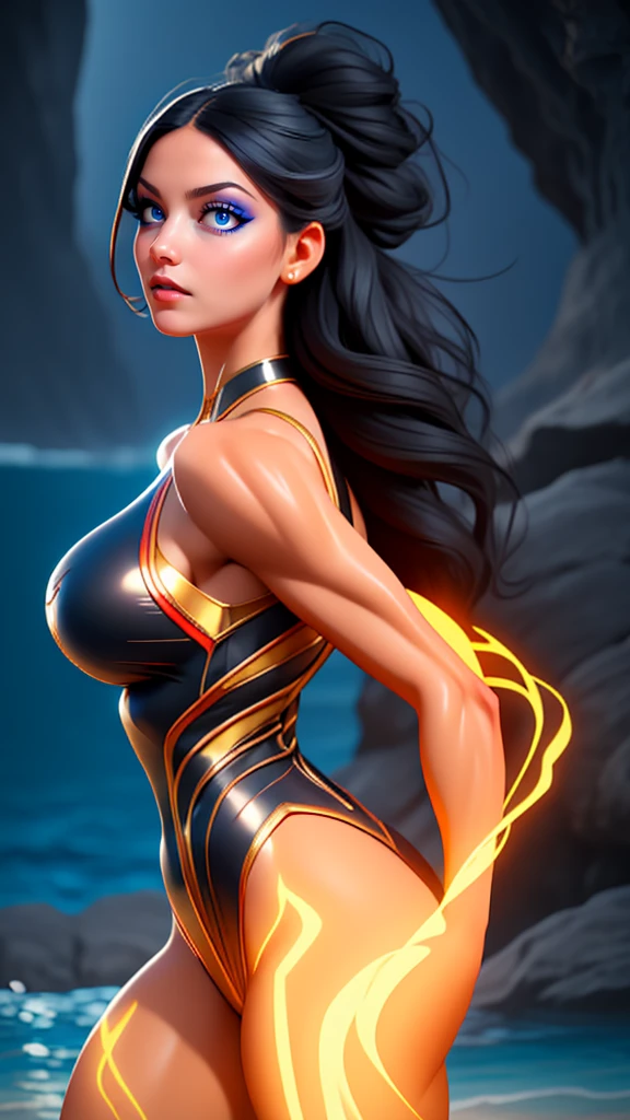 a beautiful woman in a swimsuit, dynamic superheroine, full body, highly detailed facial features, piercing eyes, long eyelashes, full lips, sharp nose, mesmerizing expression, graceful pose, muscular toned body, flowing hair, intricate swimsuit design, glowing skin, black hair, dramatic lighting, cinematic atmosphere, vibrant colors, photorealistic, 8k, best quality, masterpiece