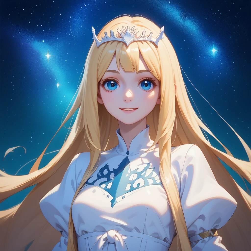 score_9, score_8_up, score_7_up, score_6_up, score_5_up, score_4_up, rating_safe, , upper body, lslight smile, dark sky,starry night, ,1girl,solo, calca, blonde hair, ,( extremely long hair:1.3), very long hair, extra long hair, white tiara, white dress, blue eyes,Calca Bessarez, medium breast,Calca