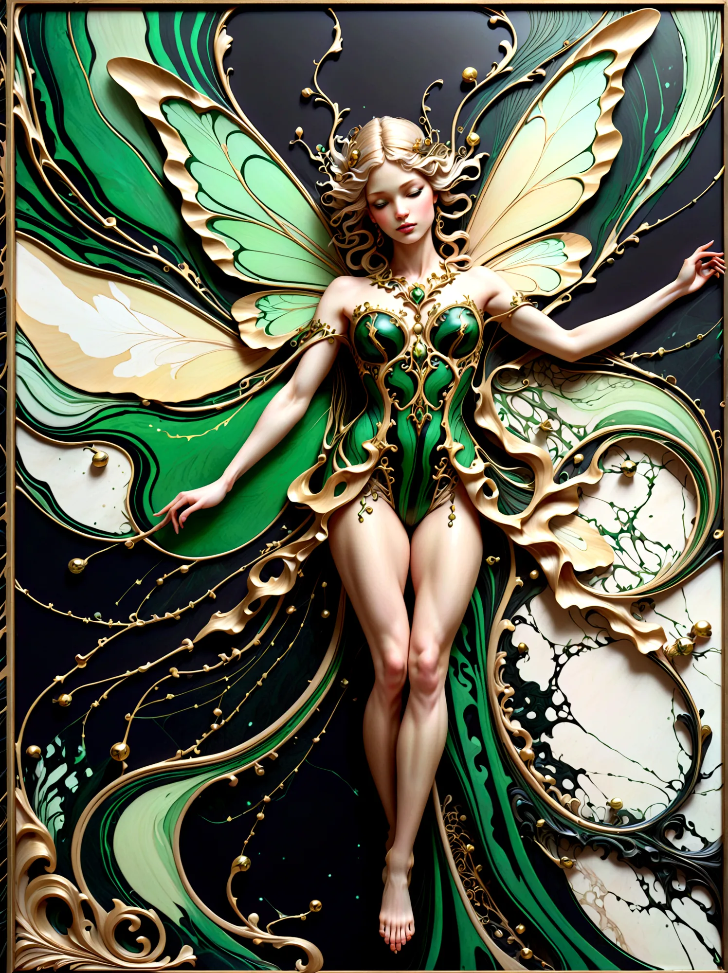 a beautiful illustration of a beautiful fairy made from an abstract marble texture, with colors of black, green and gold, highly...