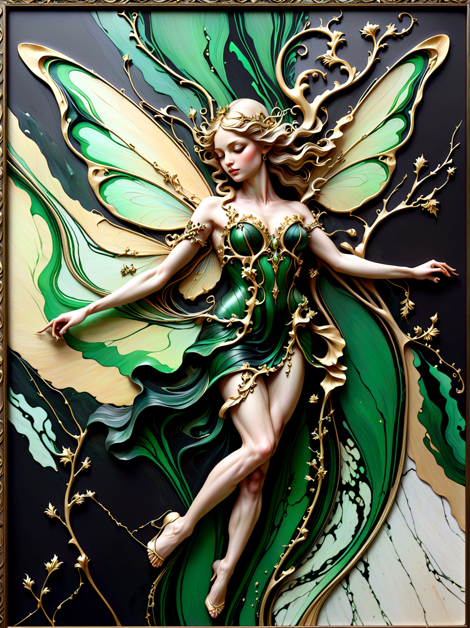 une belle illustration d&#39;une belle fée réalisée à partir d&#39;une texture abstraite de marbre, avec des couleurs de noir, vert et or, très détaillé, conception complexe, matériau en marbre, PAR Anne Bachelier,
