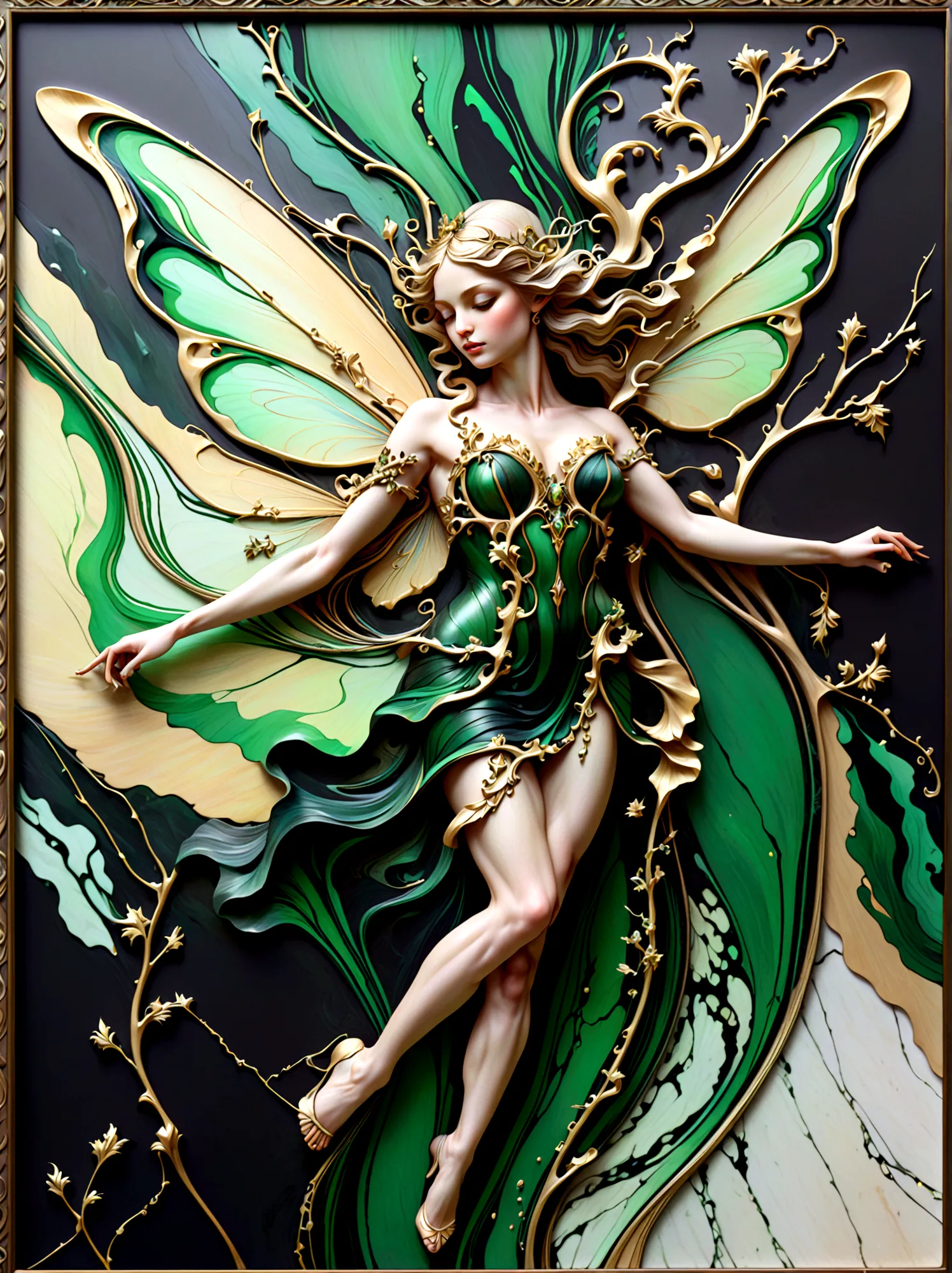 a beautiful illustration of a beautiful fairy made from an abstract marble texture, with colors of black, green and gold, highly...