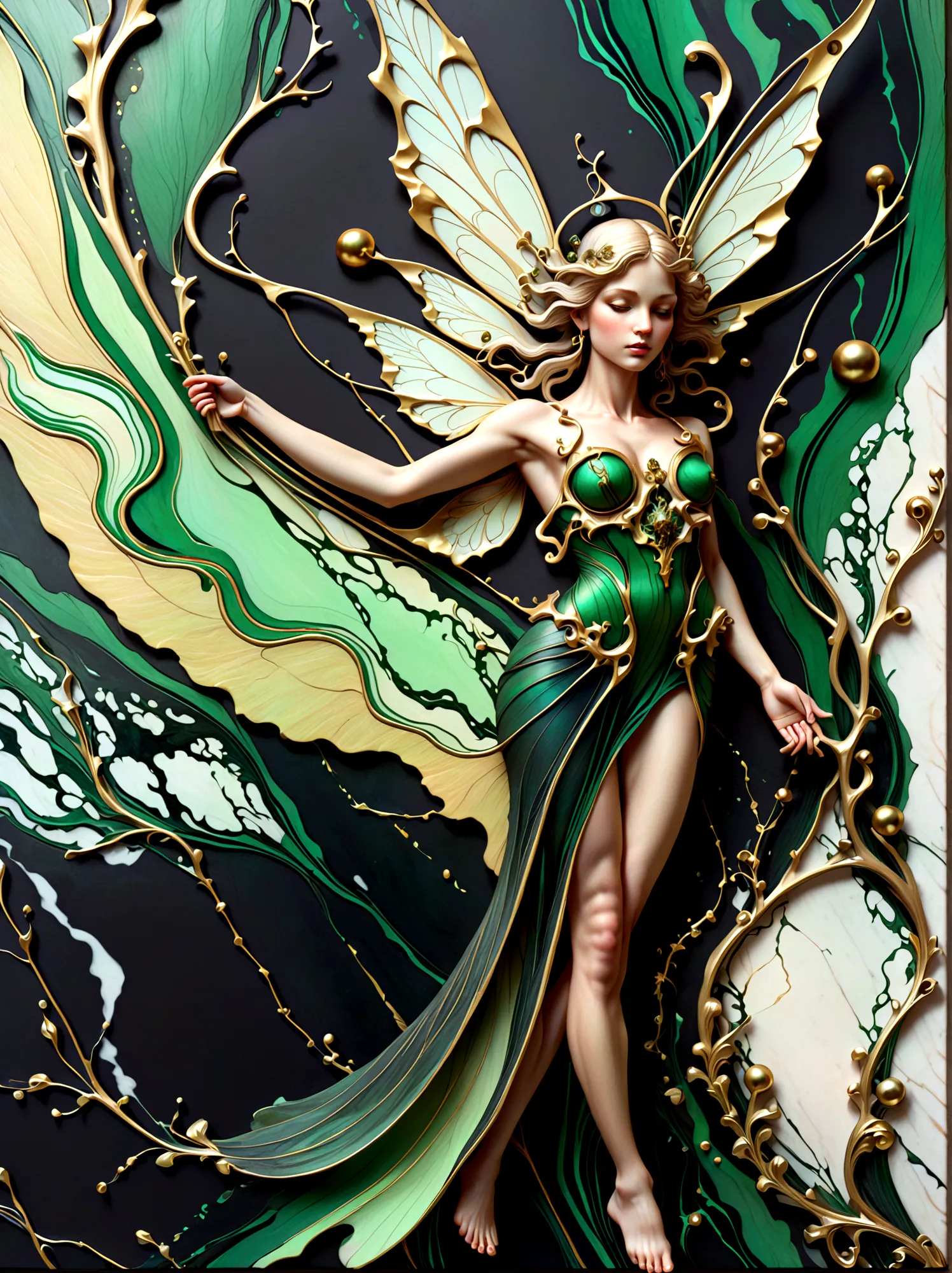 a beautiful illustration of a beautiful fairy made from an abstract marble texture, with colors of black, green and gold, highly...