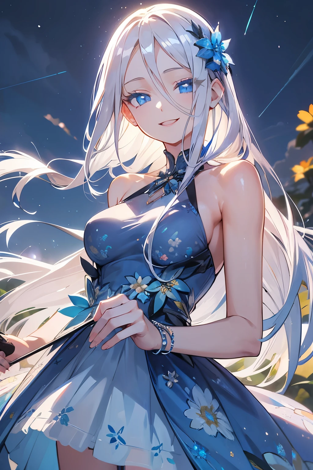 silver hair, (blue eyes:1.3), blue eyes, smiling face, celebrating, skin realistic, eyes shiny, hair detailed, beautiful illustration,(long hair:1.3), night,Beautiful girl、Get excited、(((Summer floral dress)))