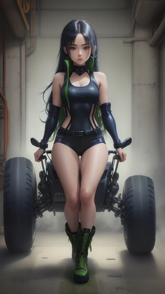 девушка темно-синие длинные волосы, с черной майкой, зеленый короткий, промышленные ботинки, езда на футуристическом мотоцикле 