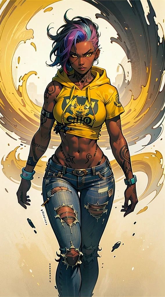 The most beautiful and sexy punk rock girl, rainbow hair, yellow eyes, dark skin, wear a hoodie, Graphic T-shirt and torn skinny jeans, tons of tattoos and piercings, perfect masterpiece, high quality, High resolution