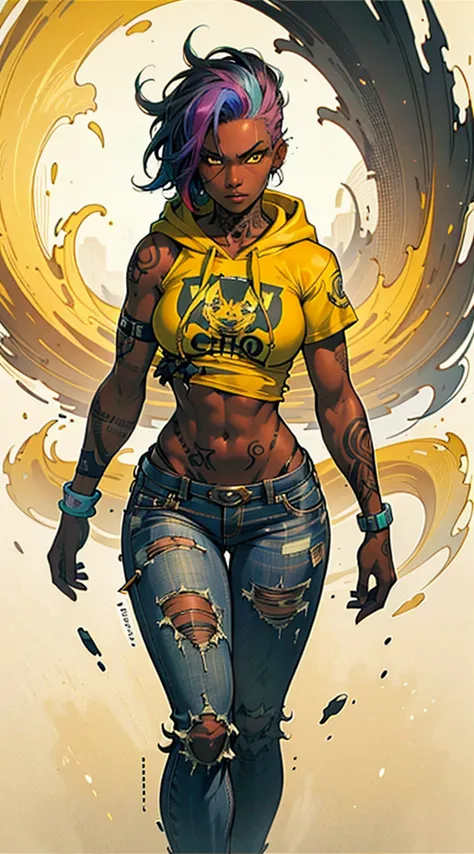 the most beautiful and sexy punk rock girl, rainbow hair, yellow eyes, dark skin, wear a hoodie, graphic t-shirt and torn skinny...