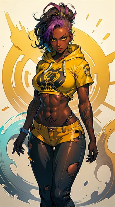 the most beautiful and sexy punk rock girl, rainbow hair, yellow eyes, dark skin, wear a hoodie, graphic t-shirt and torn skinny...