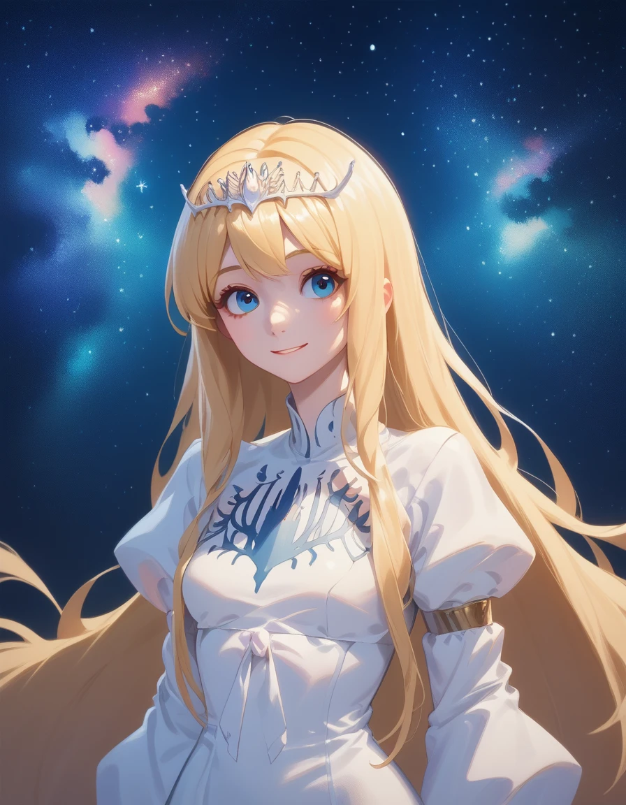 score_9, score_8_up, score_7_up, score_6_up, score_5_up, score_4_up, rating_safe, , upper body, lslight smile, dark sky,starry night, ,1girl,solo, calca, blonde hair, ,( extremely long hair:1.3), very long hair, extra long hair, white tiara, white dress, blue eyes,Calca Bessarez, medium breast,Calca