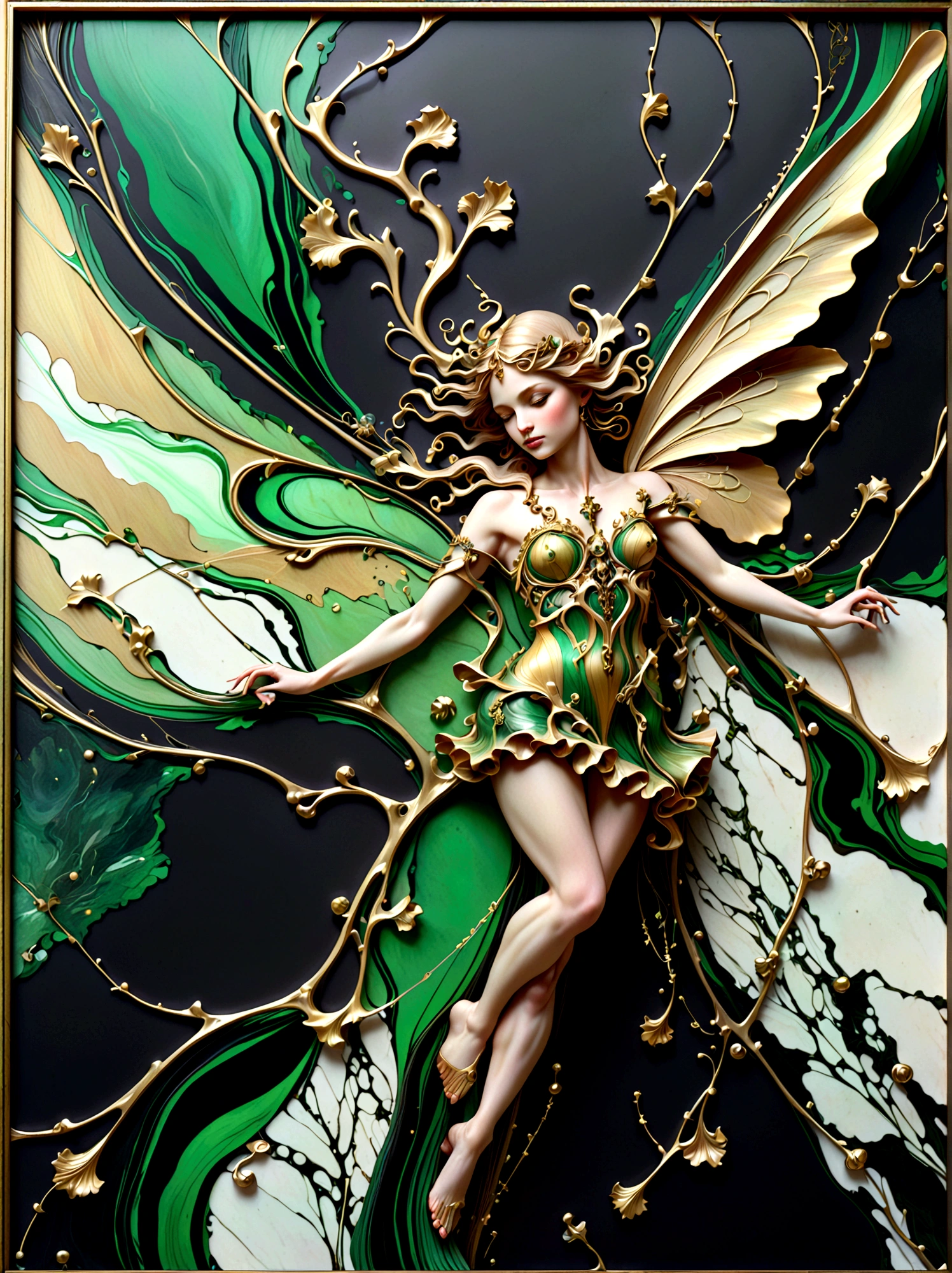 a portrait of a beautiful fairy made from an abstract marble texture, with colors of black, green and gold, highly detailed, intricate design, marble material, BY Anne Bachelier,