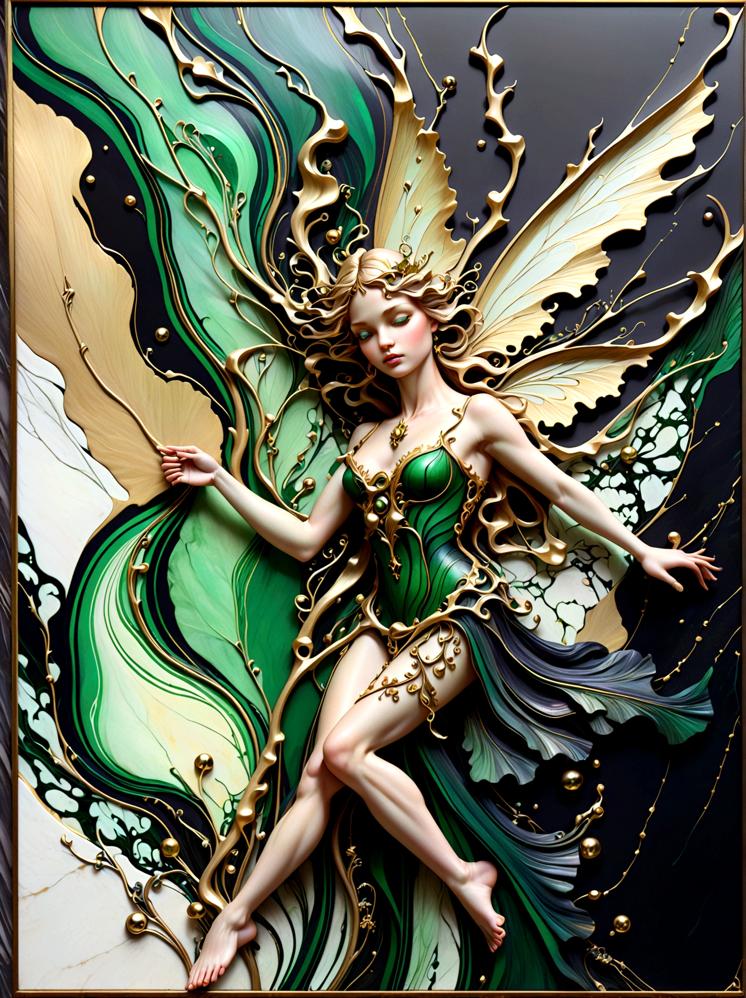 a portrait of a beautiful fairy made from an abstract marble texture, with colors of black, green and gold, highly detailed, intricate design, marble material, BY Anne Bachelier,