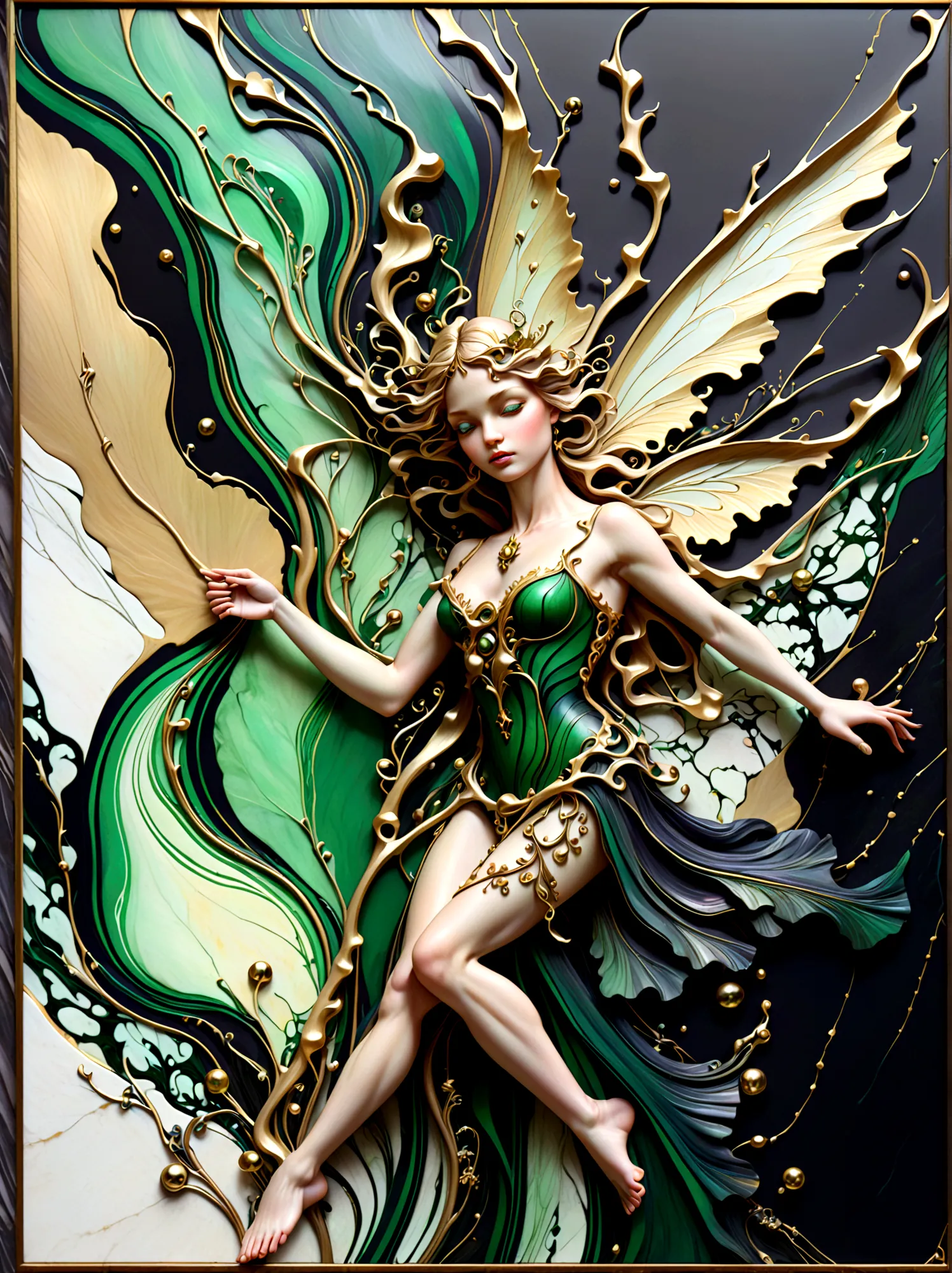 a portrait of a beautiful fairy made from an abstract marble texture, with colors of black, green and gold, highly detailed, int...