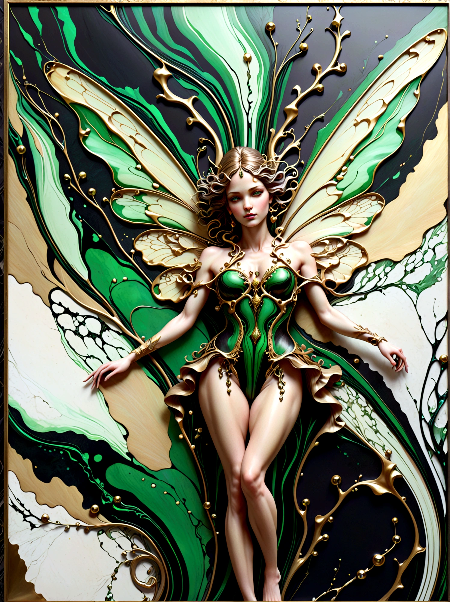 a portrait of a beautiful fairy made from an abstract marble texture, with colors of black, green and gold, highly detailed, intricate design, marble material, BY Anne Bachelier,