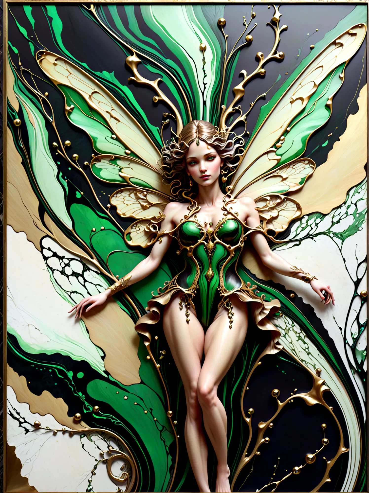 a portrait of a beautiful fairy made from an abstract marble texture, with colors of black, green and gold, highly detailed, int...